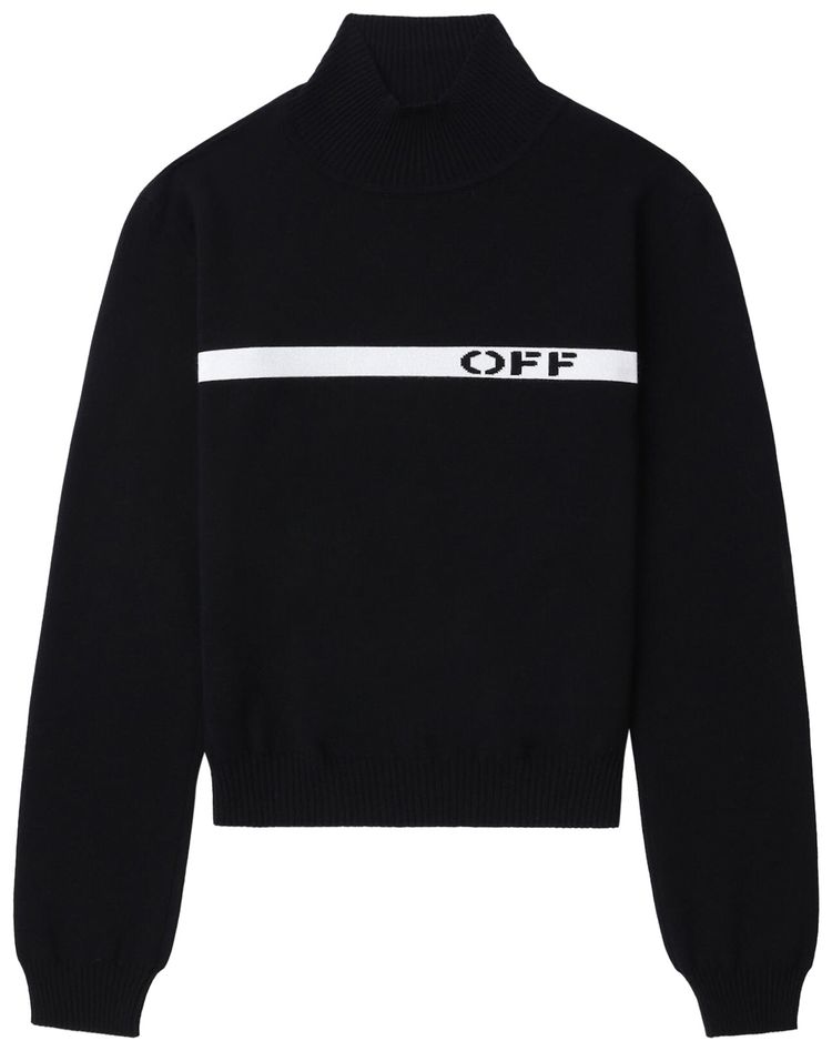Off White Logo Stripe Long Sleeve Mock Neck Top BlackWhite