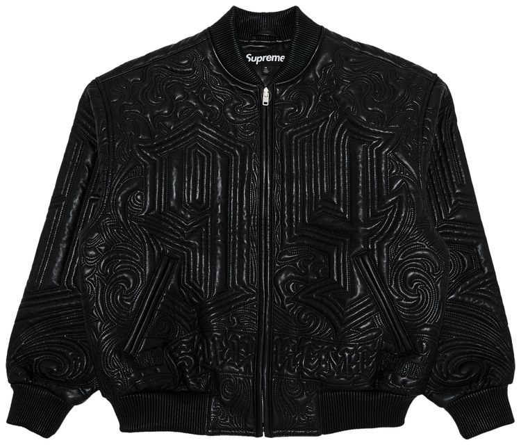 Supreme Mister Cartoon Embroidered Leather Jacket Black