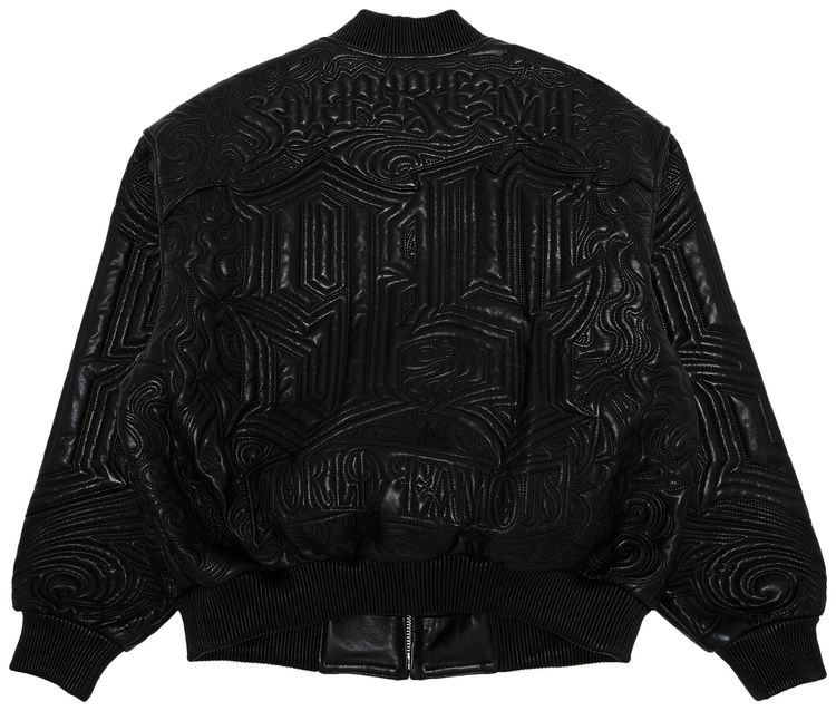 Supreme Mister Cartoon Embroidered Leather Jacket Black