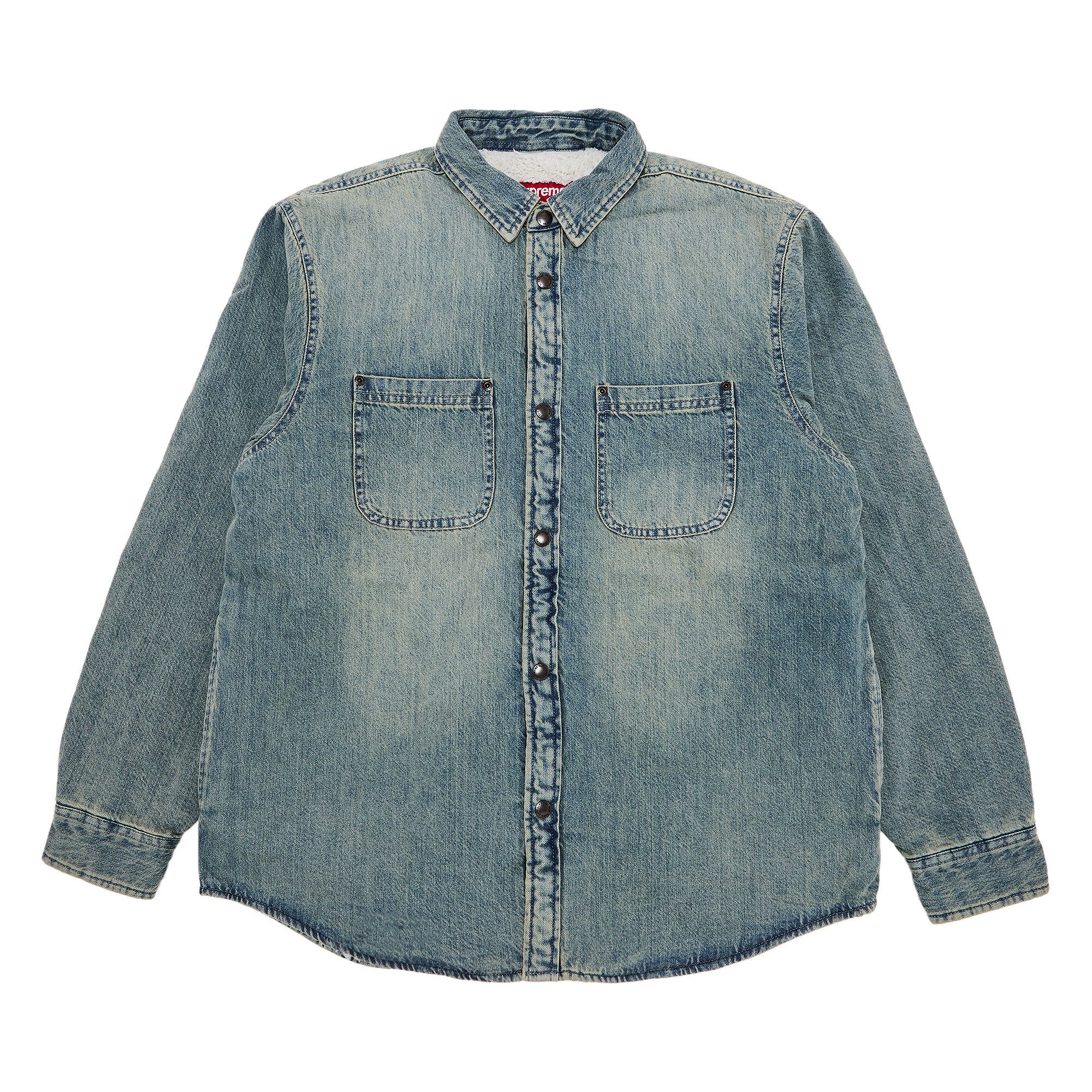 Size l Supreme Faux Shearling Lined Work Shirt 'Washed Indigo Denim'