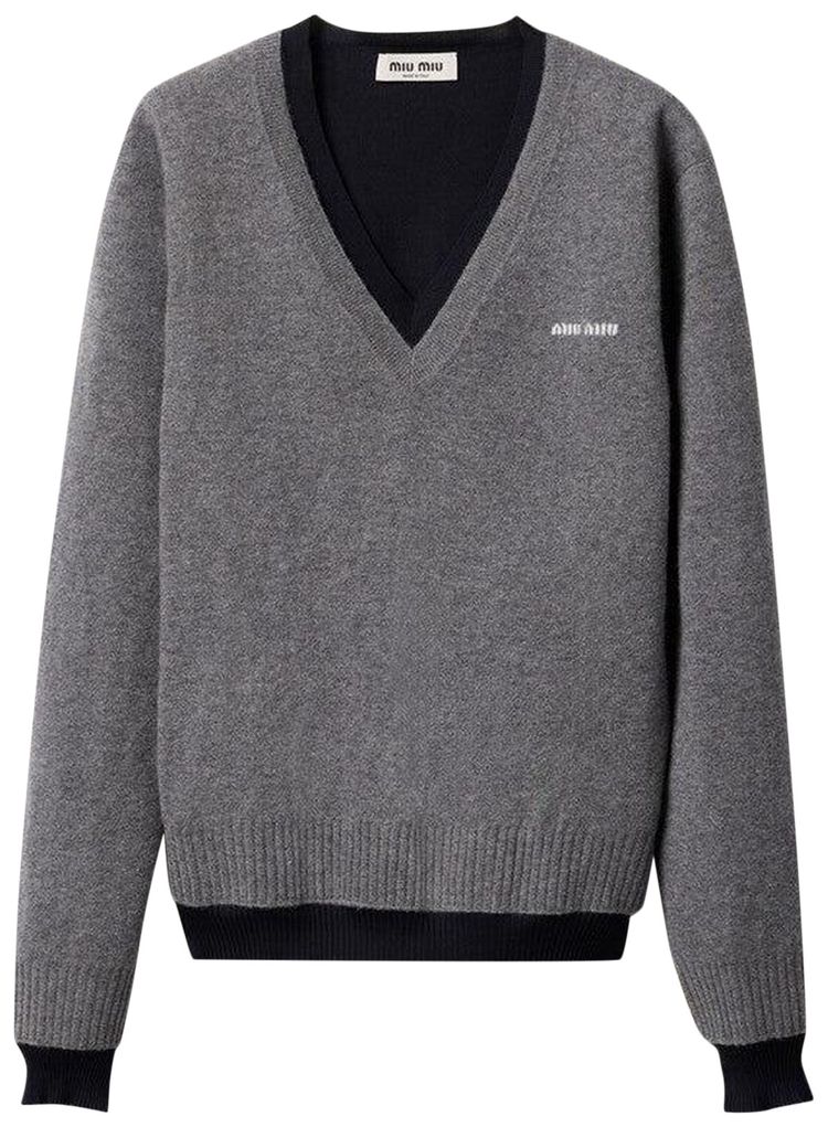 Miu Miu Silk Cashmere V Neck Sweater Grigio Blue