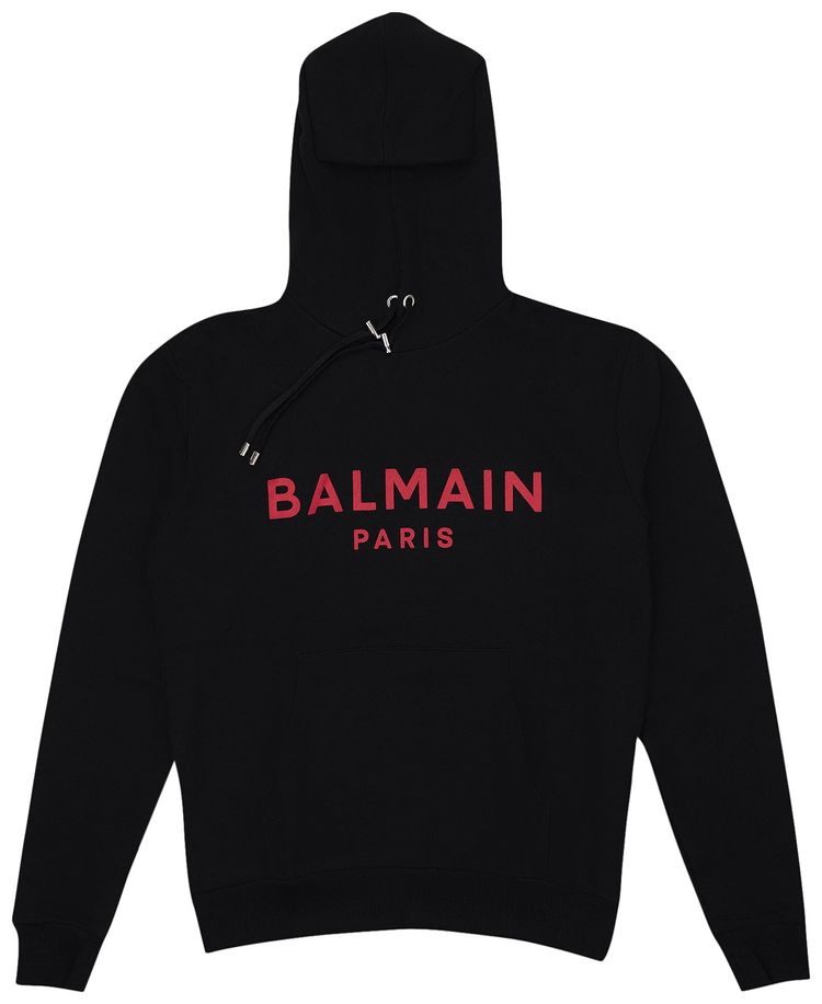 Balmain Logo Printed Drawstring Hoodie BlackRed