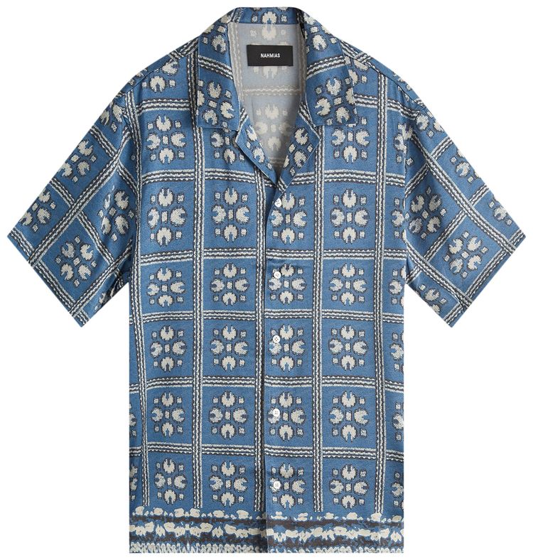 Nahmias Tiled Short Sleeve Silk Shirt Blue