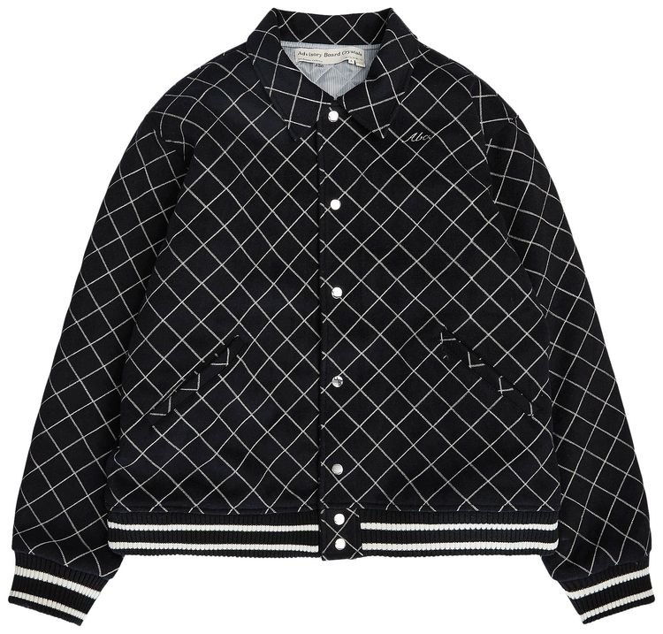 Advisory Board Crystals Diamond Chain Stitch Quilted Varsity Jacket NavyWhite