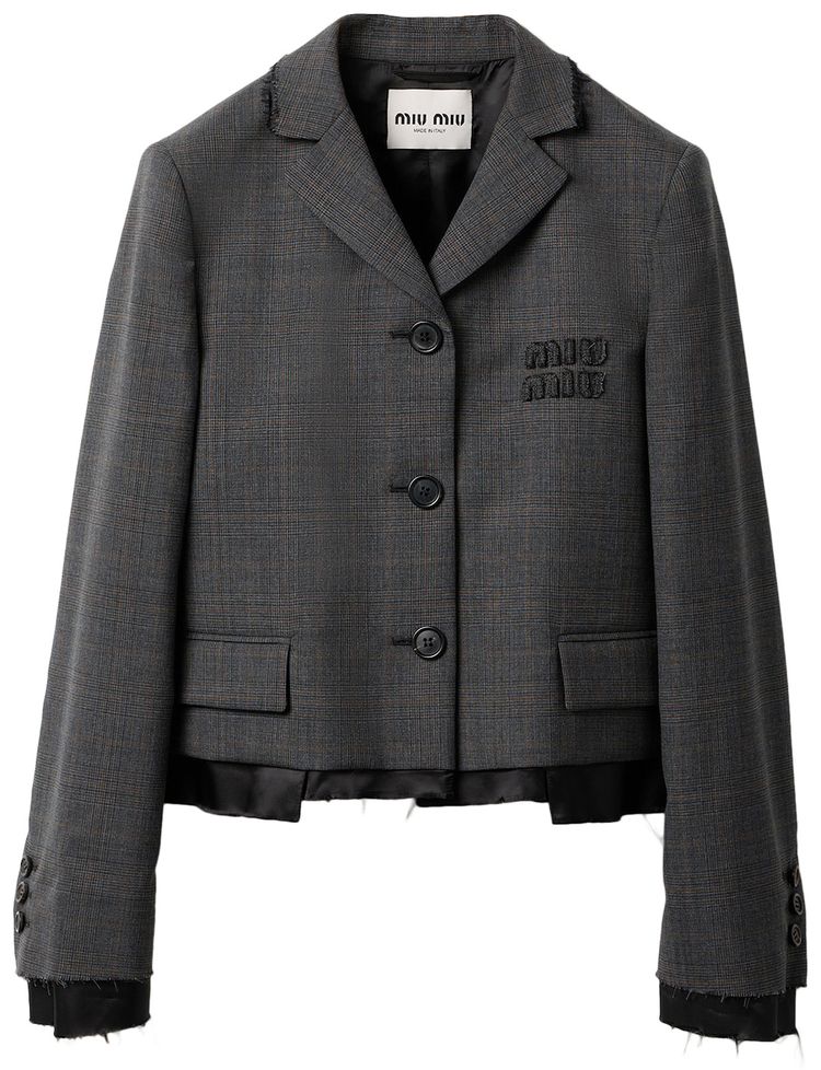 Miu Miu Tartan Print Cropped Jacket Slate Grey