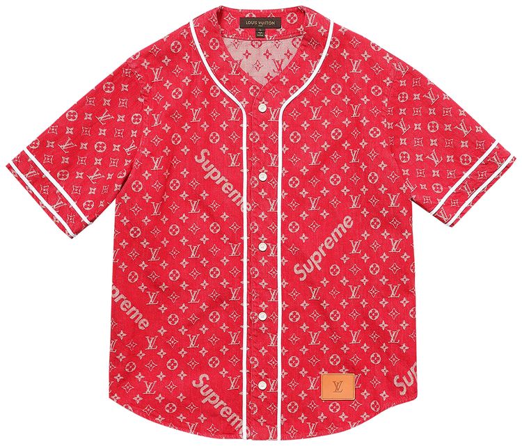 Louis Vuitton x Supreme Jacquard Denim Baseball Jersey Red