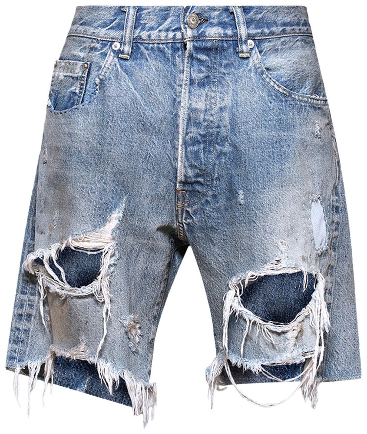 Saint Michael Damage Denim Shorts Blue