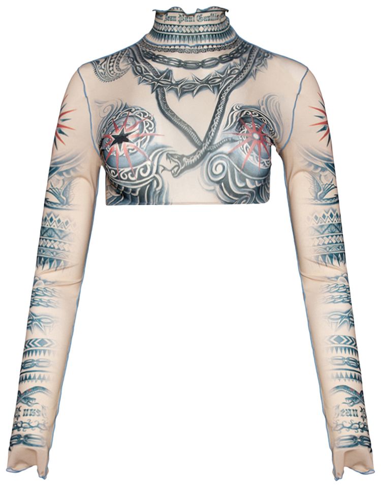 Jean Paul Gaultier Printed Soleil Long Sleeve High Neck Cropped Top NudeBlueRed