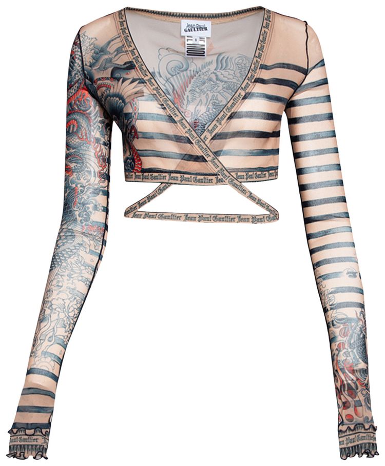 Jean Paul Gaultier Mariniere Tattoo V Neck Long Sleeve Top NudeBlueRed