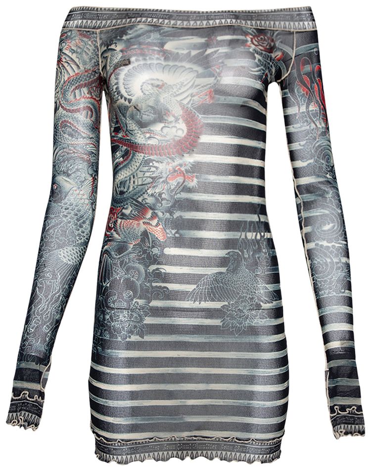 Jean Paul Gaultier Tattoo Short Boat Neck Dress NavyBlueWhite
