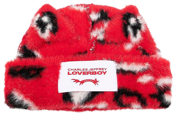 Charles Jeffrey Loverboy Fluffy Chunky Ears Beanie Red Leopard