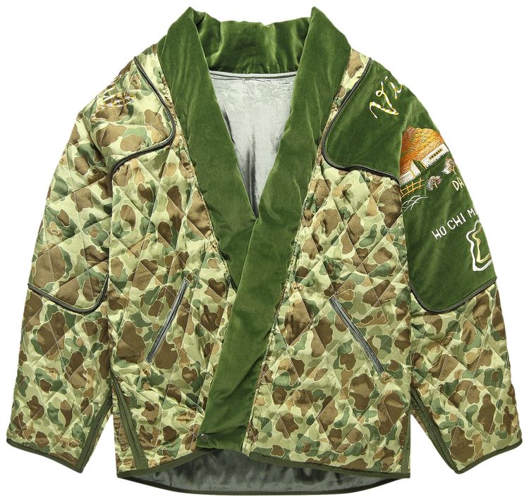 Kapital Rayon Satin Quilting Camo Kesa Sham Bomber Jacket Beautiful Vietnam Khaki