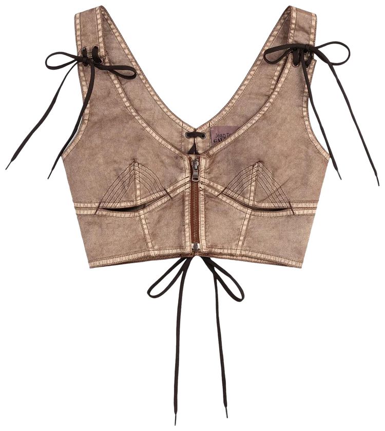 Jean Paul Gaultier x KNWLS Laced Branded Patch Sleeveless Crop Top BrownEcru