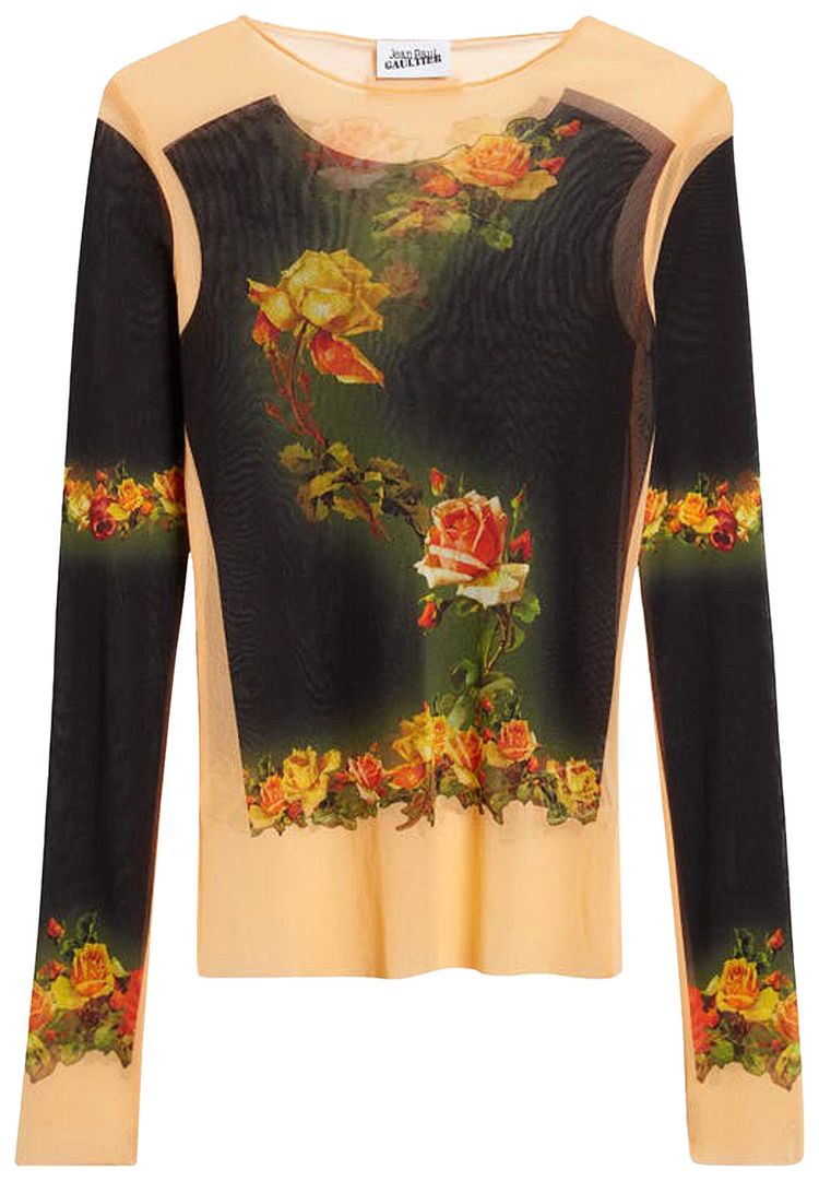 Jean Paul Gaultier Flowers Petit Grand Print Long Sleeve Top BeigeBlack
