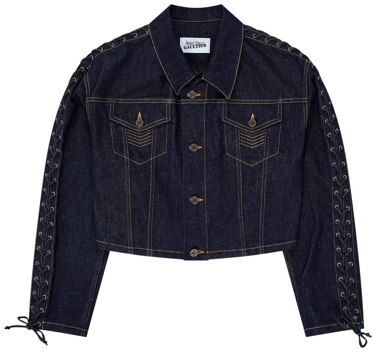 Jean Paul Gaultier Flowers Oversized Cropped Denim Jacket Indigo