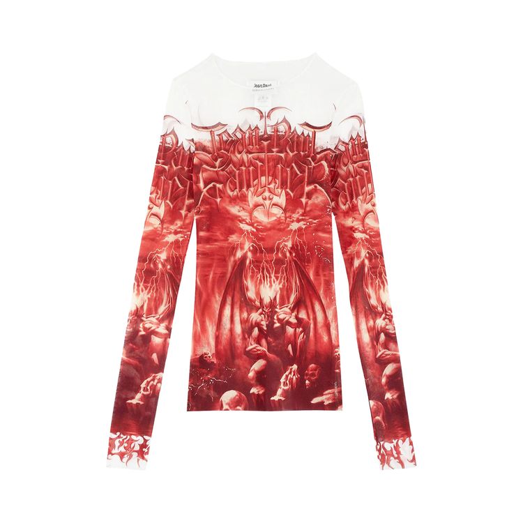 Jean Paul Gaultier Mesh Long Sleeve Printed Diablo Top WhiteRed
