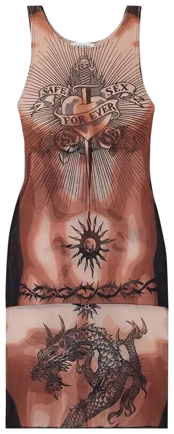 Jean Paul Gaultier Safe Sex Tattoo Sleeveless Dress NudeBrownBlack