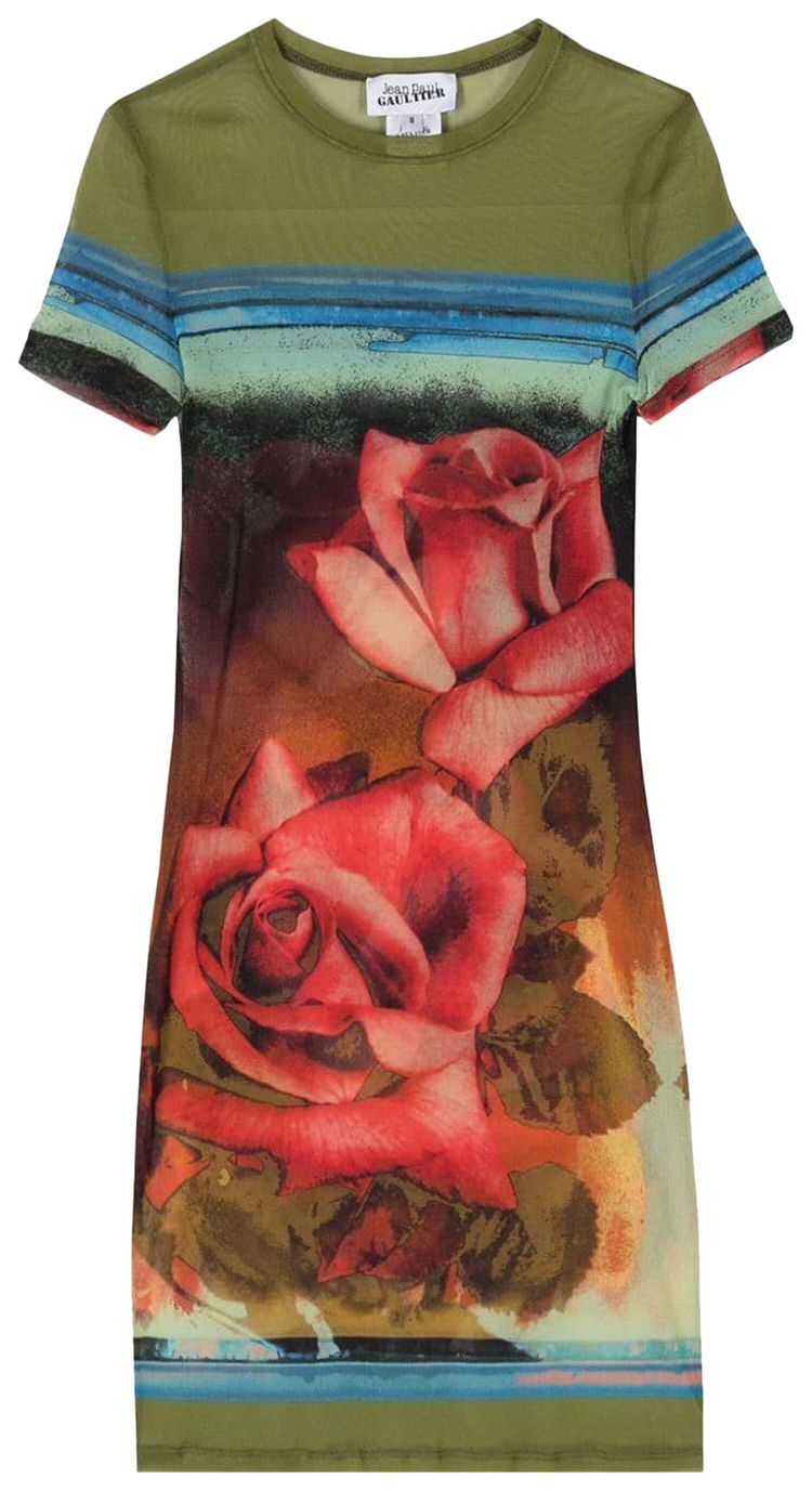 Jean Paul Gaultier Roses Mesh Short Sleeve Dress GreenRedBlue