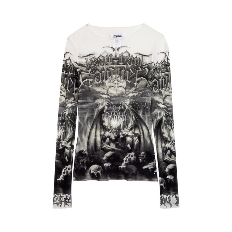 Jean Paul Gaultier Mesh Long Sleeve Printed Diablo Top WhiteBlack