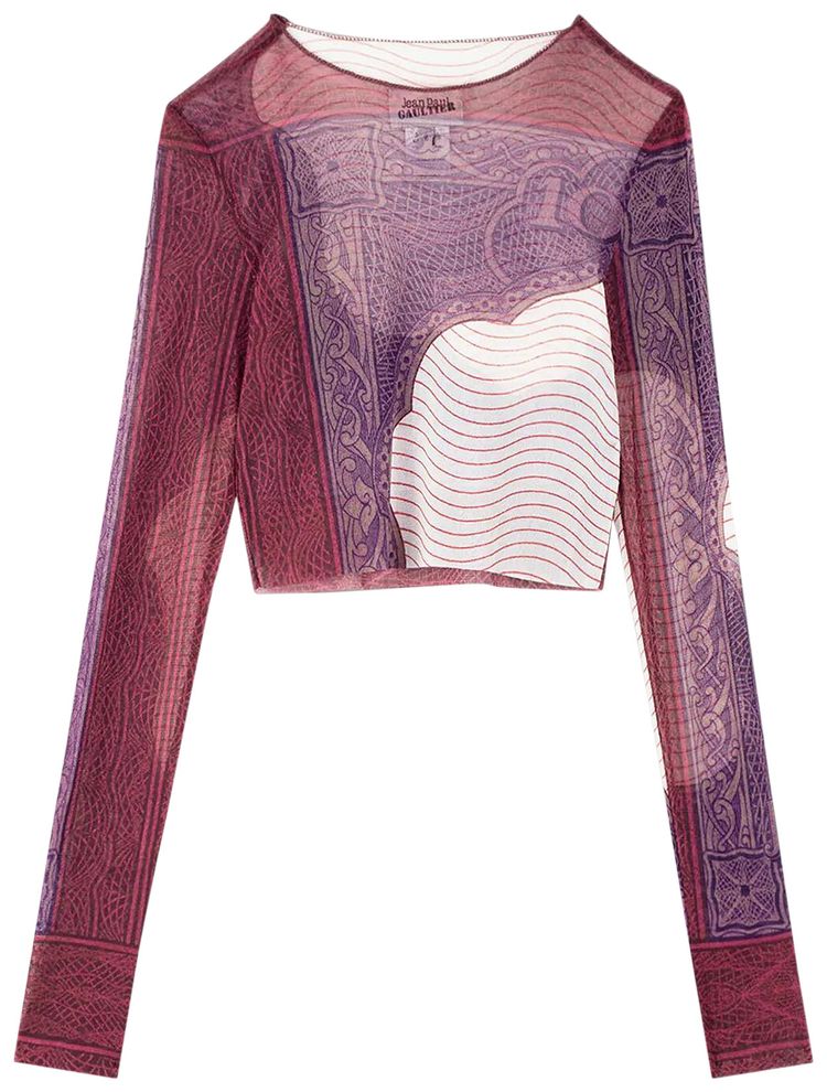 Jean Paul Gaultier Cartouche Printed Crewneck Long Sleeve Crop Top RedWhiteBurgundy