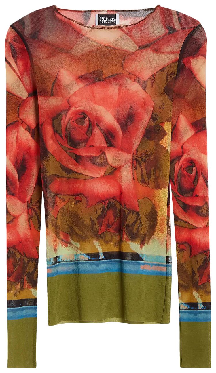 Jean Paul Gaultier Roses Mesh Long Sleeve Top GreenRedBlue