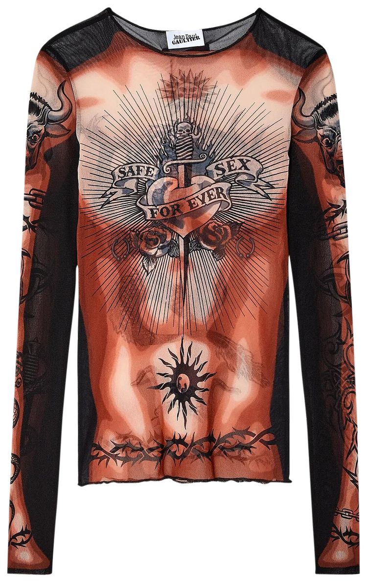 Jean Paul Gaultier Printed Safe Sex Tattoo Long Sleeve Crewneck Top NudeBrownBlack