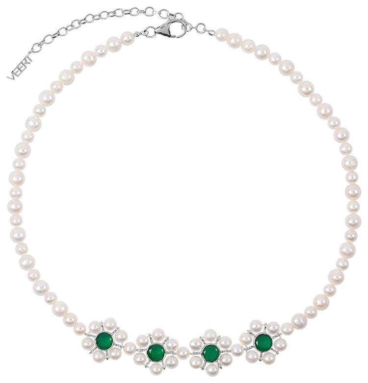 VEERT The Four Flower Pearl Necklace White GoldPearlGreen Onyx