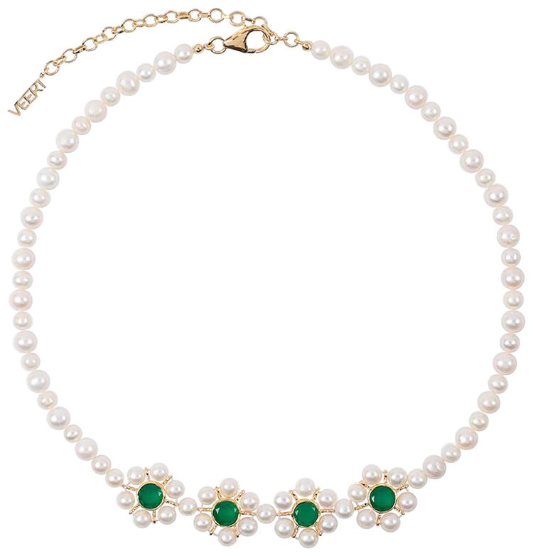 VEERT The Four Flower Pearl Necklace Yellow GoldPearlGreen Onyx