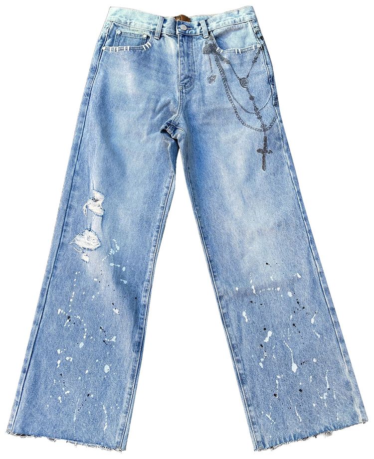 Birth Of Royal Child Printed Cross Chains Washed Denim Blue