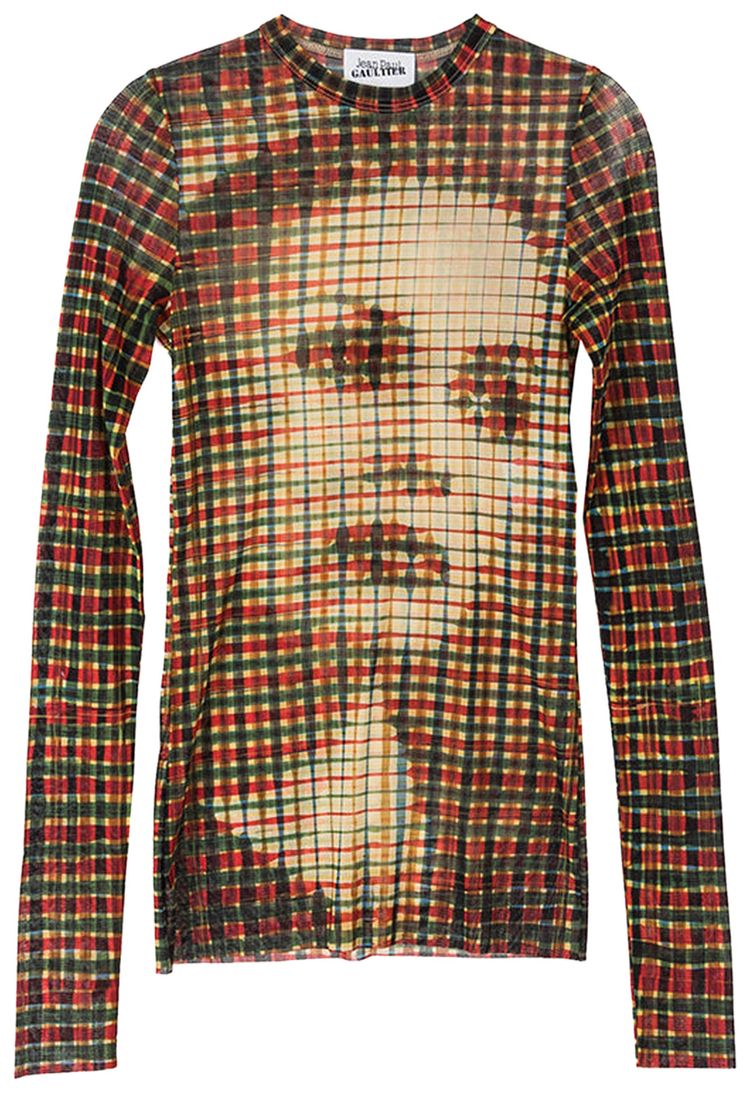 Jean Paul Gaultier Printed Tartan Face Mesh Long Sleeve Top SepiaYellowBlueRed