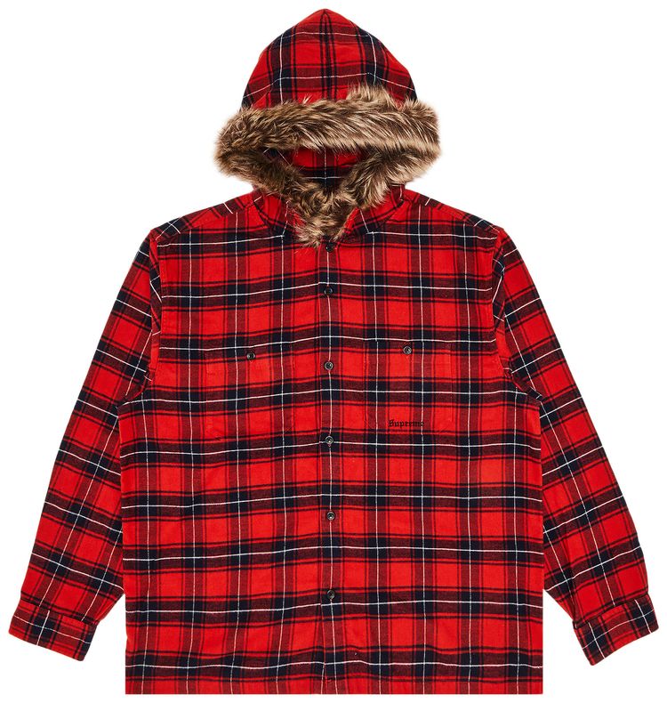 Supreme Fur Trim Flannel Hooded Shirt Red Plaid