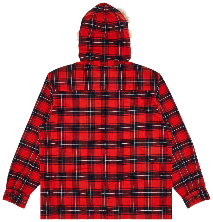 Supreme Fur Trim Flannel Hooded Shirt Red Plaid
