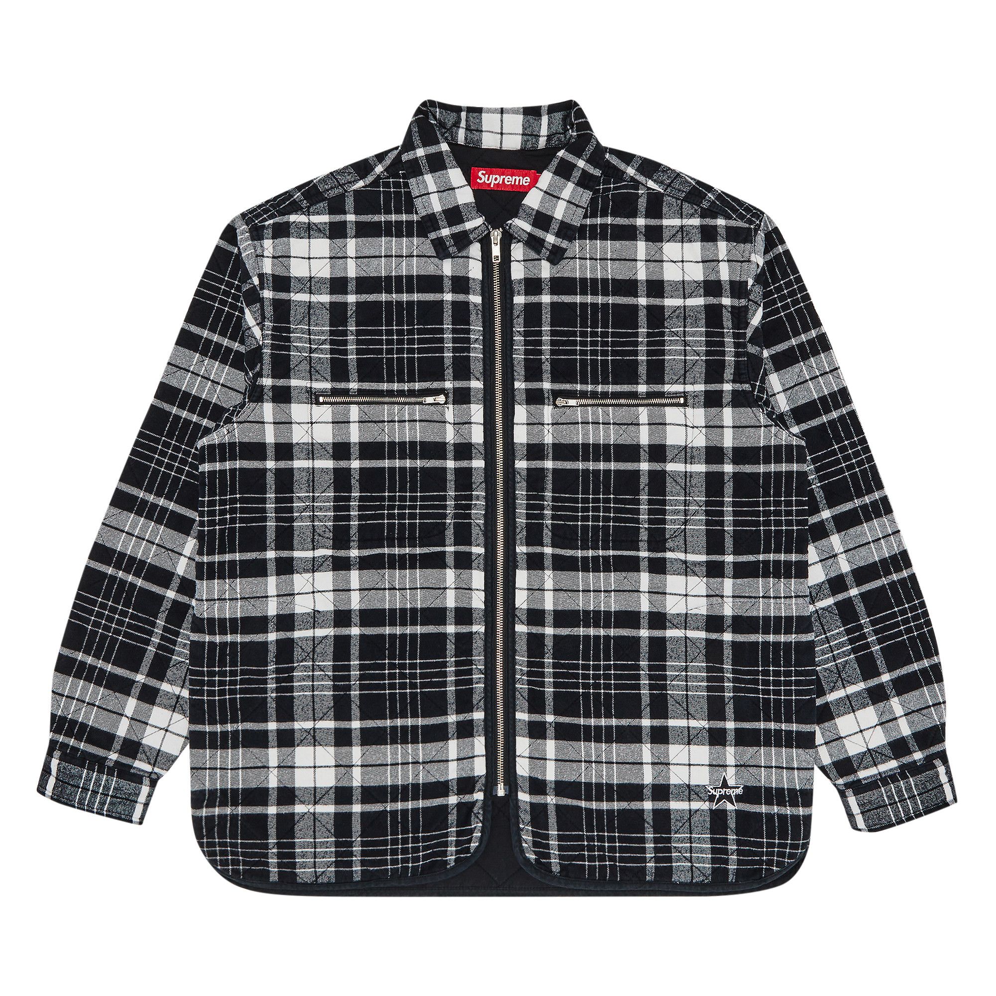 Size l Supreme Quilted Flannel Zip Up Shirt 'Black'