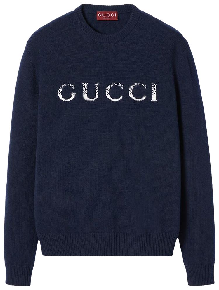 Gucci Logo Intarsia Crewneck Knit Sweater InkWhite