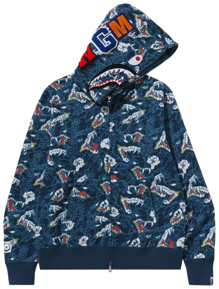 BAPE Japanese Tattoo Camo Shark Fz Hoodie Blue