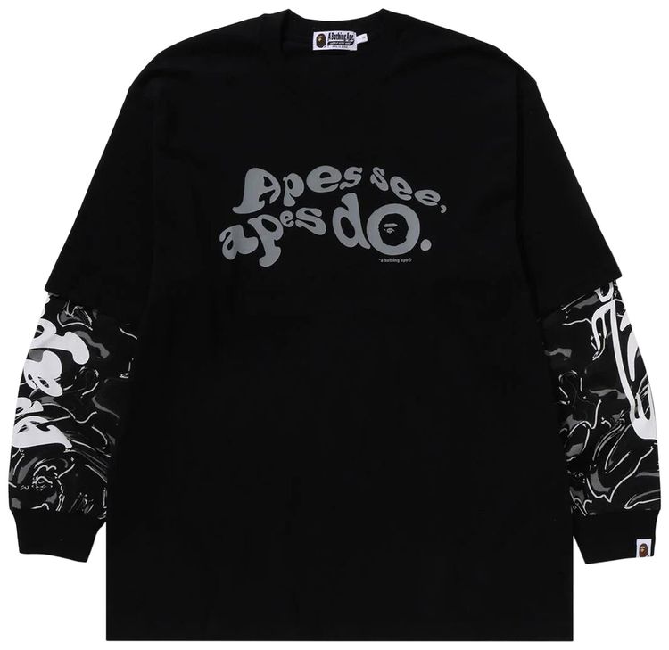 BAPE Marbling Camo Multi Logo Layered Sleeves Long Sleeve Tee Black
