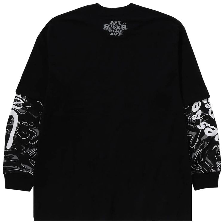 BAPE Marbling Camo Multi Logo Layered Sleeves Long Sleeve Tee Black