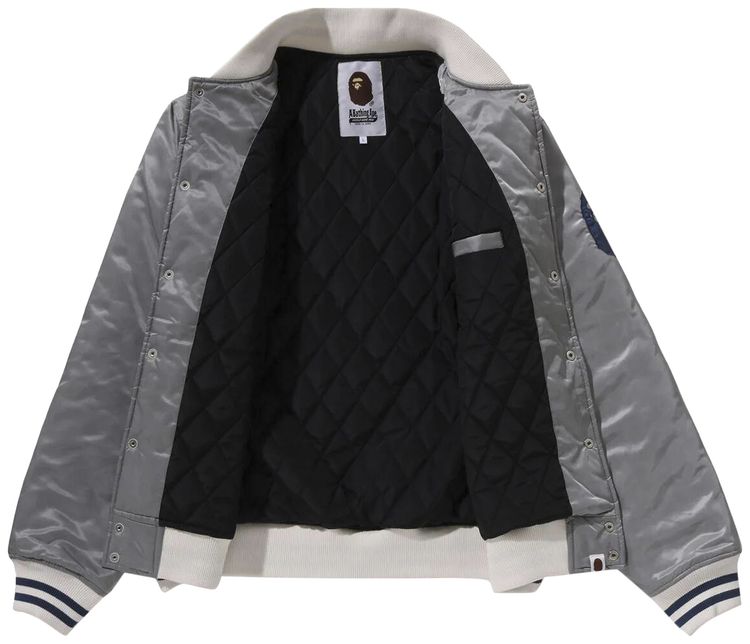BAPE Solid Camo NYC Logo Nylon Varsity Jacket Silver