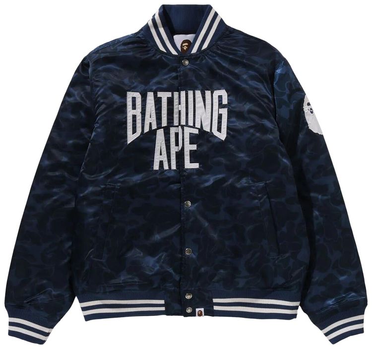 BAPE Solid Camo NYC Logo Nylon Varsity Jacket Navy