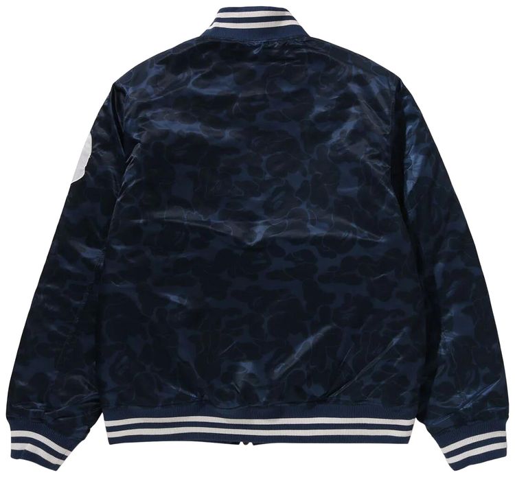 BAPE Solid Camo NYC Logo Nylon Varsity Jacket Navy