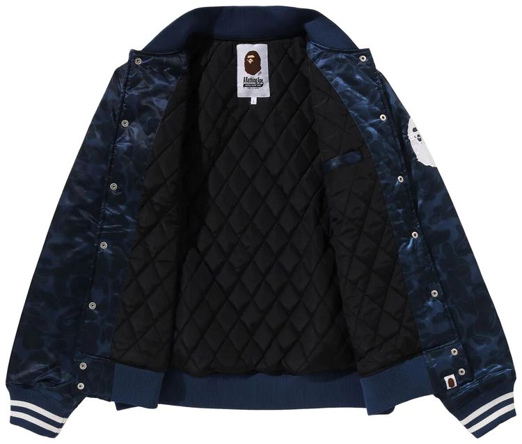 BAPE Solid Camo NYC Logo Nylon Varsity Jacket Navy