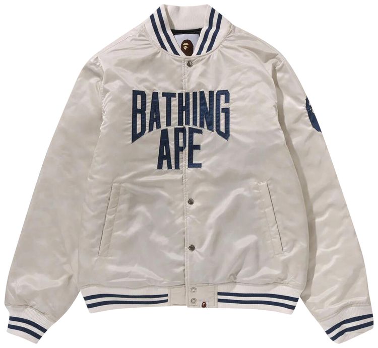 BAPE Solid Camo NYC Logo Nylon Varsity Jacket Ivory