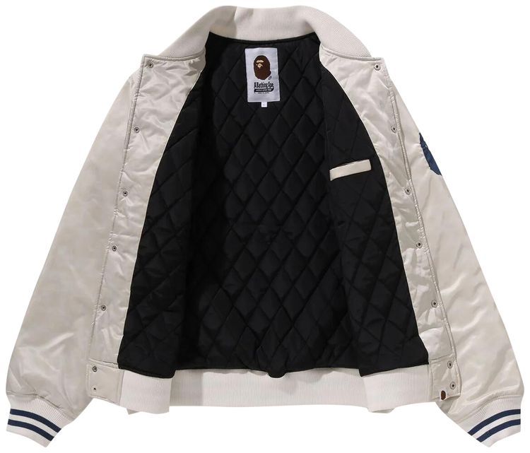 BAPE Solid Camo NYC Logo Nylon Varsity Jacket Ivory
