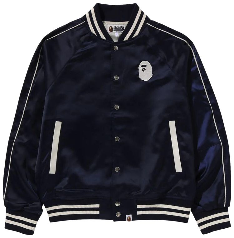 BAPE A Bathing Ape Nylon Varsity Jacket Navy