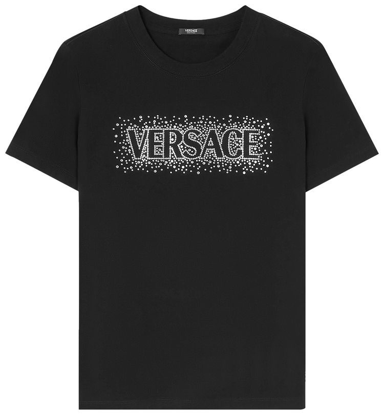 Versace Logo Embellished T Shirt BlackCrystal