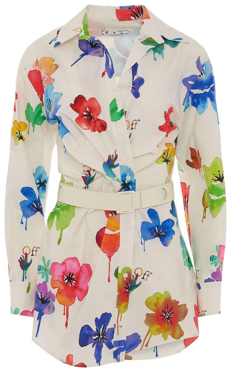 Off White Floral Print Belted Dress Multicolor