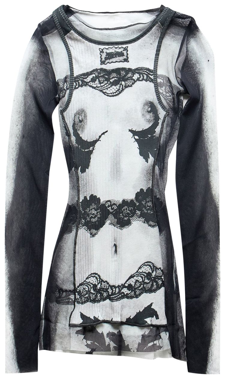 Jean Paul Gaultier Body Lace Mariniere Printed Mesh Top Black