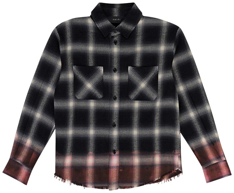 Amiri Distressed Plaid Check Button Down Shirt Black