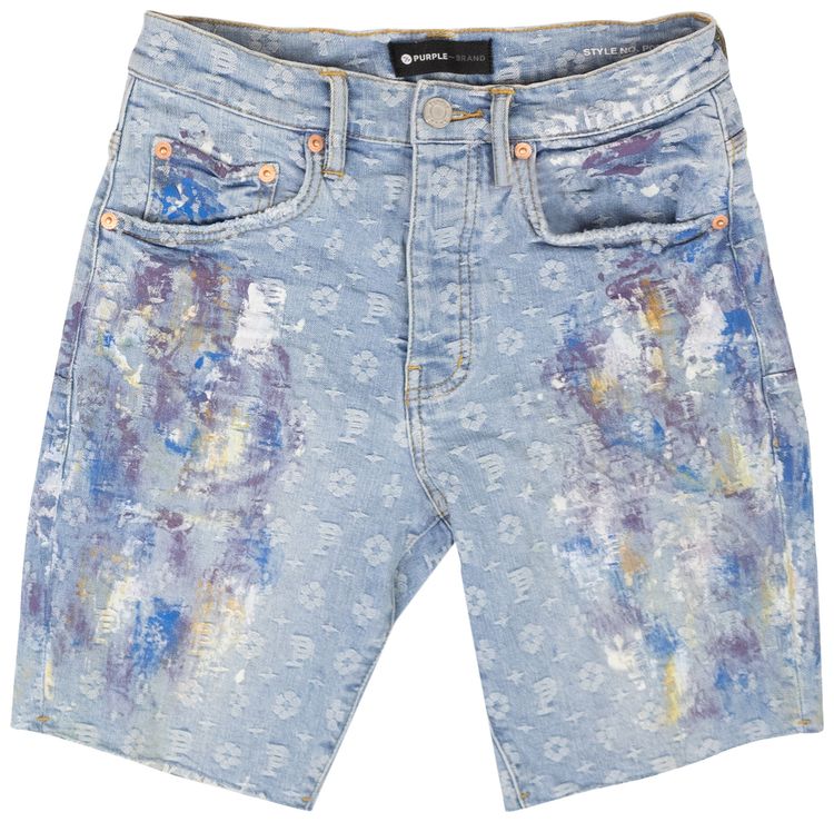 PURPLE BRAND Paint Over Jacquard Monogram Shorts Indigo