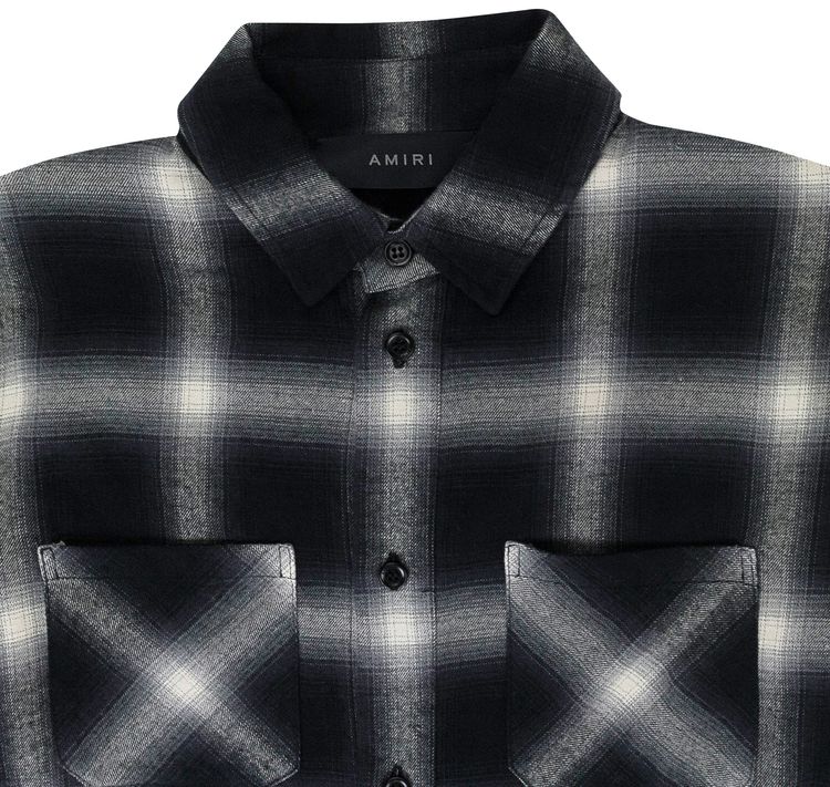 Amiri Distressed Plaid Check Button Down Shirt Black